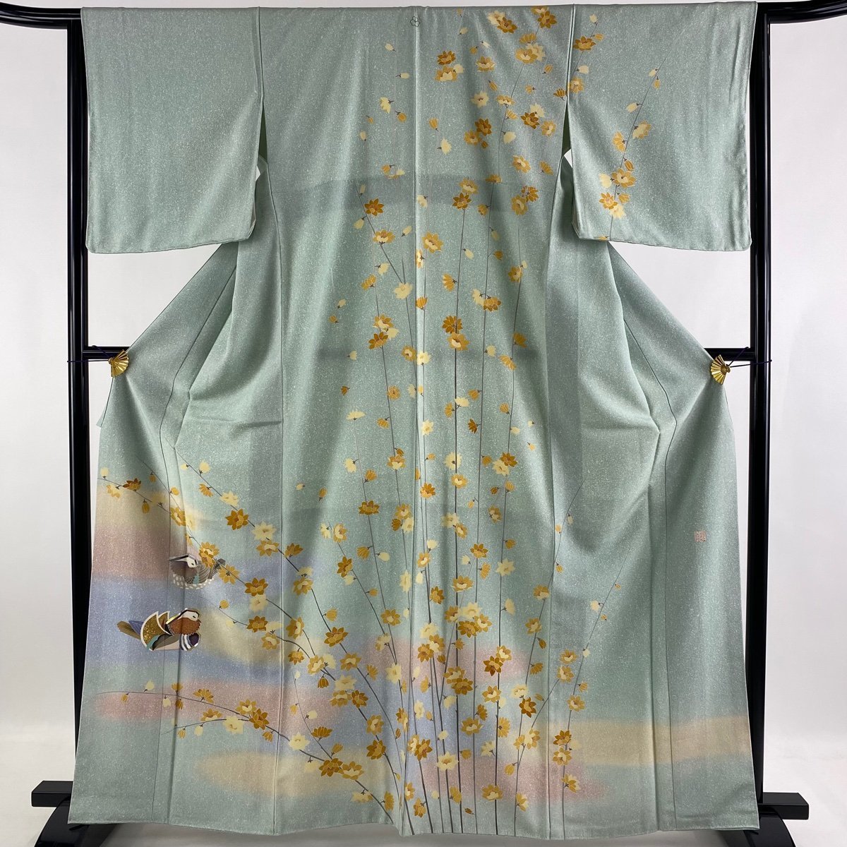 最新 訪問着 美品 名品 落款 一つ紋 鴛鴦 草花 金銀彩 ぼかし 薄緑 袷