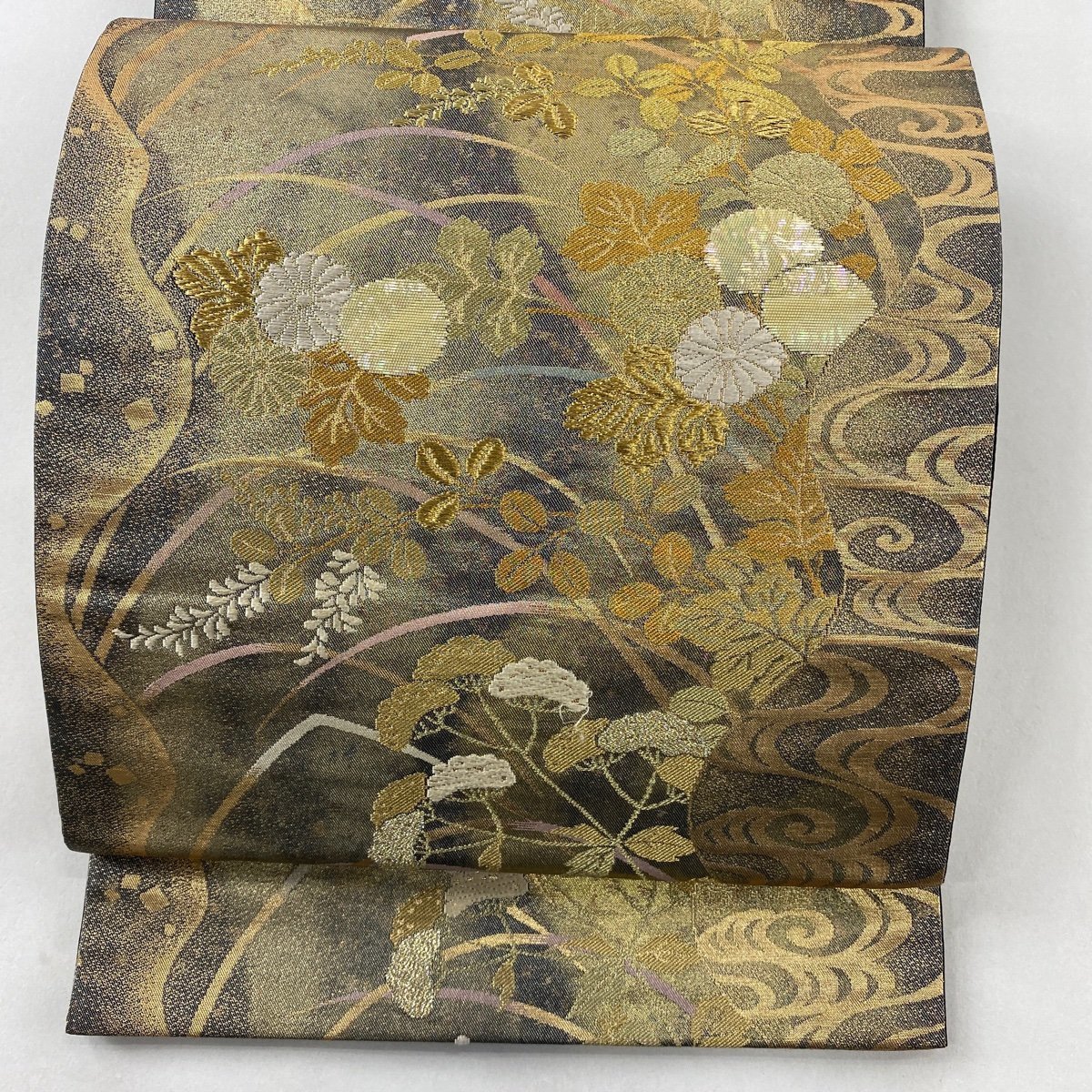 最安値挑戦! 美品 袋帯 秀品 【中古】 正絹 六通 金色 金糸 箔 流水