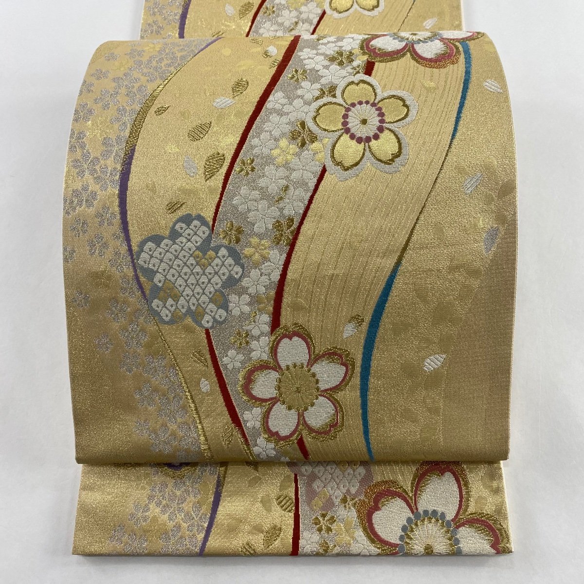 正規代理店 金色 箔 金糸 花びら 桜 悠遊 朱雀 秀品 美品 袋帯 六通