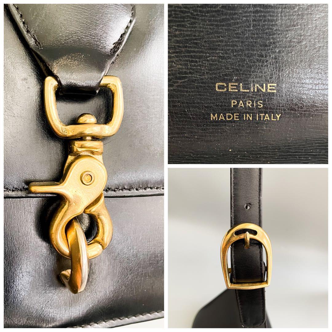 【希少モデル】CELINE セリーヌ ショルダーバッグ ポーチ 肩がけ ボックス型 ゴールド金具 ブラック レザー
