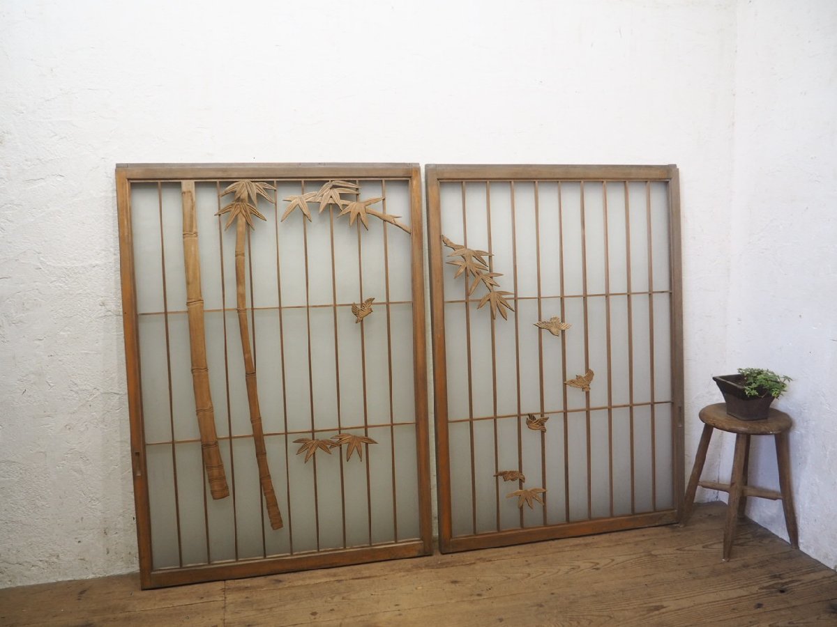 taN0061*(1)[H122cm×W87cm]×2 sheets * one side glass entering * wonderful tree carving design. old tree frame sliding door * old fittings paper . door glass door sculpture retro L under 