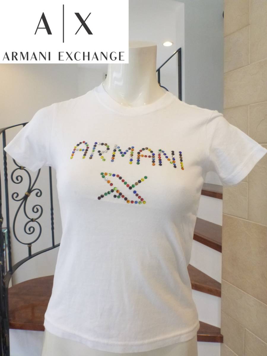  beautiful goods A|X ARMANI EXCHANGEl Armani Exchange * white white rhinestone stretch short sleeves shirt XS