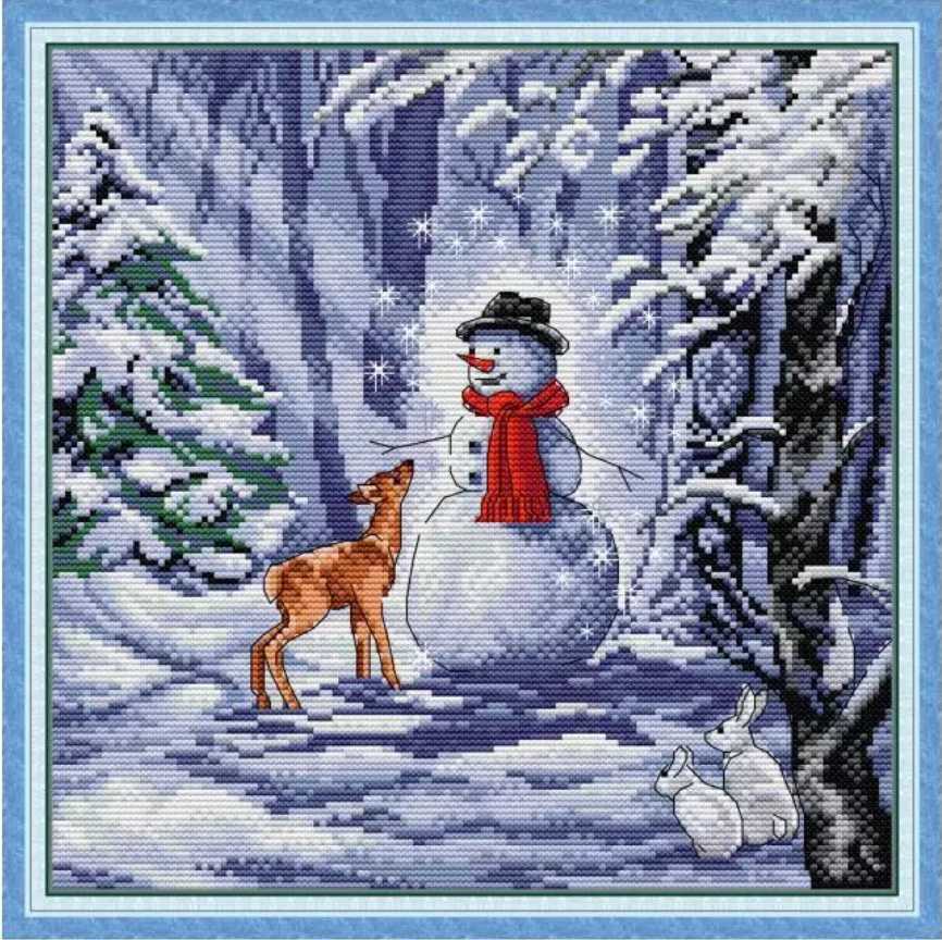 クロスステッチキット 雪の中のお友達 図案印刷あり クリスマス 14CT 32×32cm 刺繍 