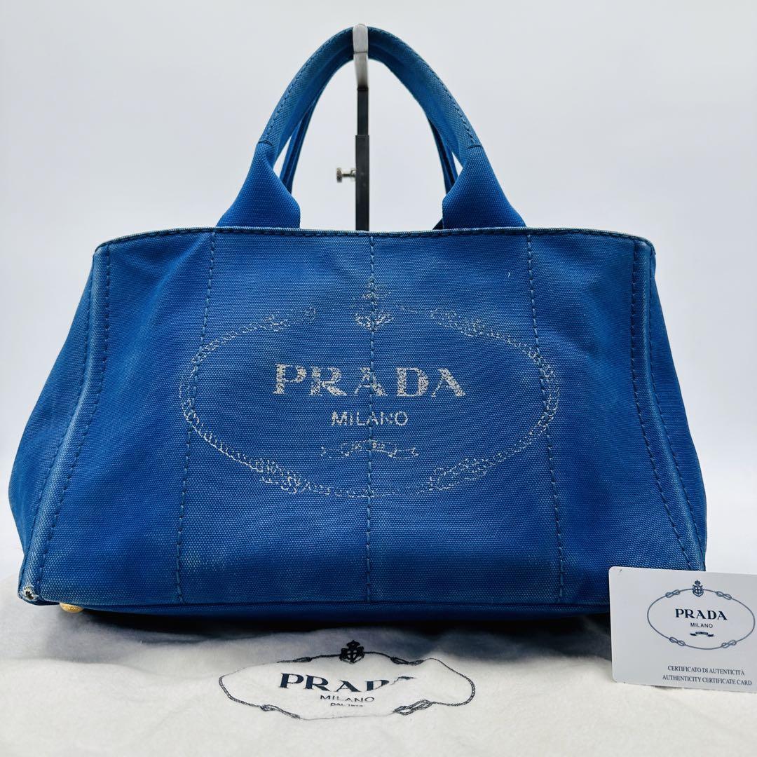 人気No.1 カナパM ハンドバッグ 希少 PRADA 格安 デニム 三角ロゴ 白