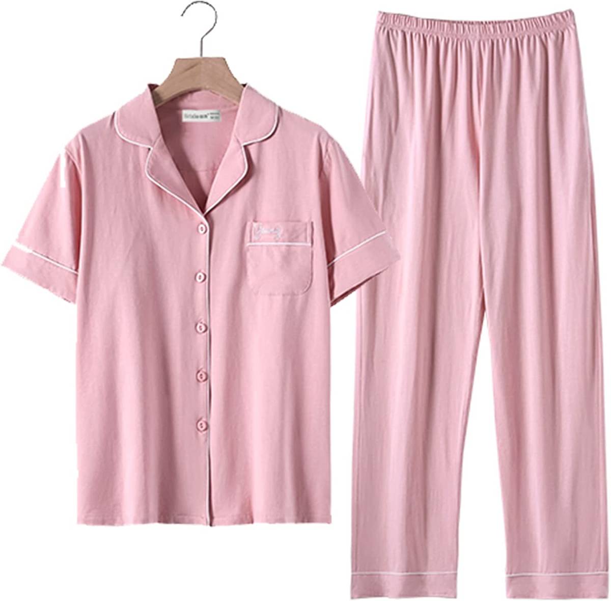 即決 新品 送料無料 パジャマ レディース ピンク XLサイズ (実質Lサイズ) 綿100％ ルームウェア 上下セット 半袖 春_画像2