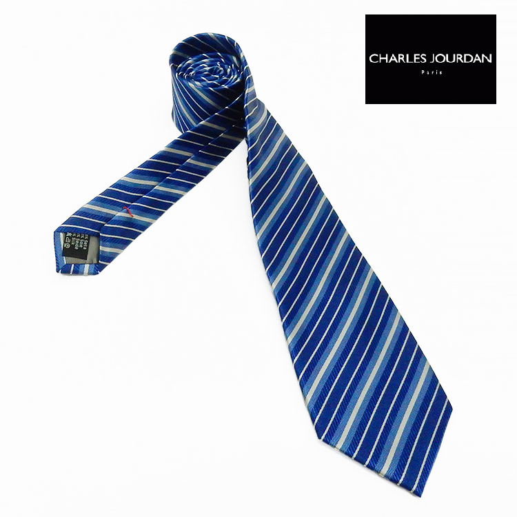 CHARLES JOURDAN　イタリア製ネクタイ　青紺×サックス　ストライプ　シルク100％　メール便可　シャルルジョルダン CJR02_画像1