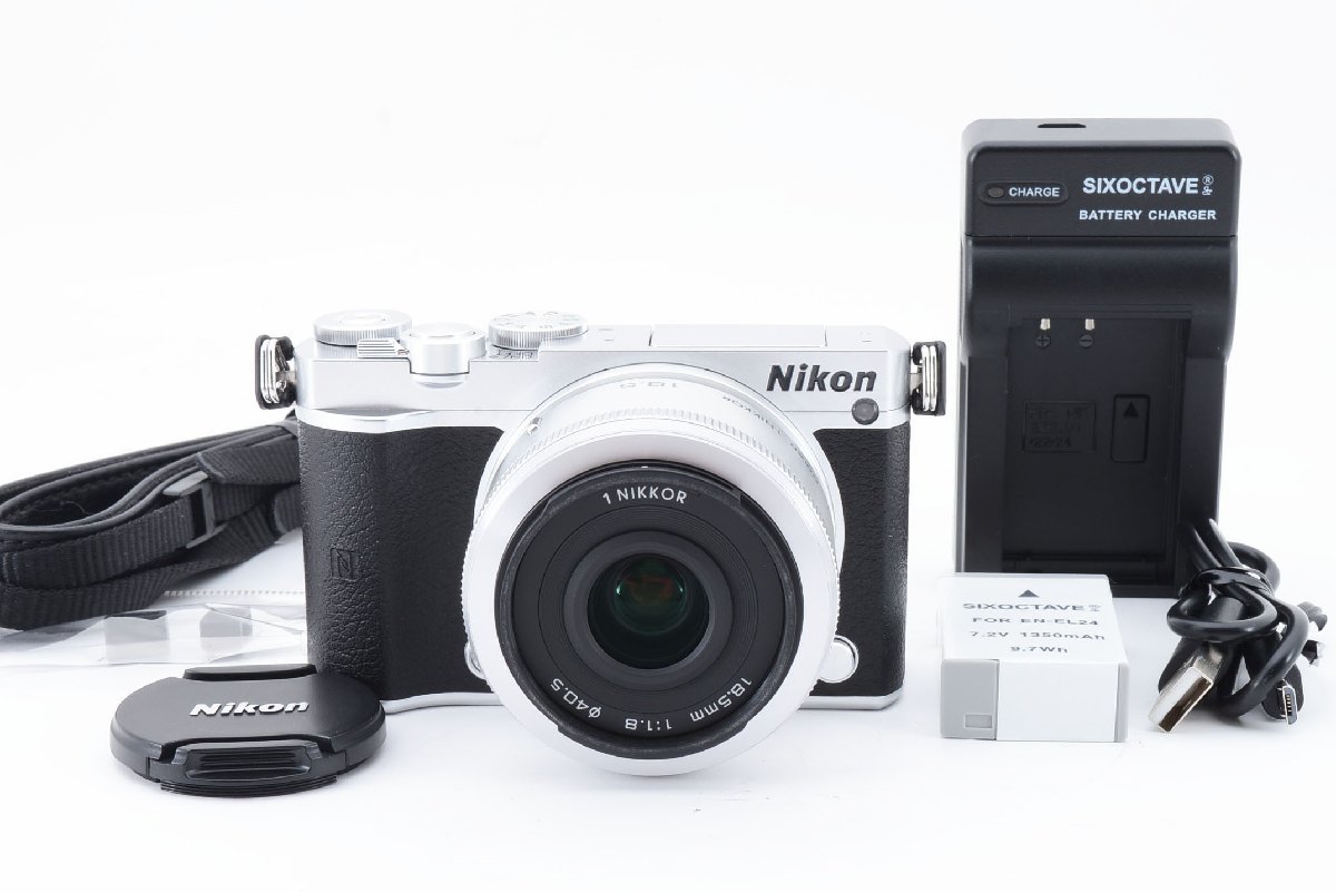 Nikon 1 J5 シルバー 20.8MP + 18.5mm F1.8 レンズセット [美品] ストラップ 充電器 バッテリー Wi-Fi 4K対応