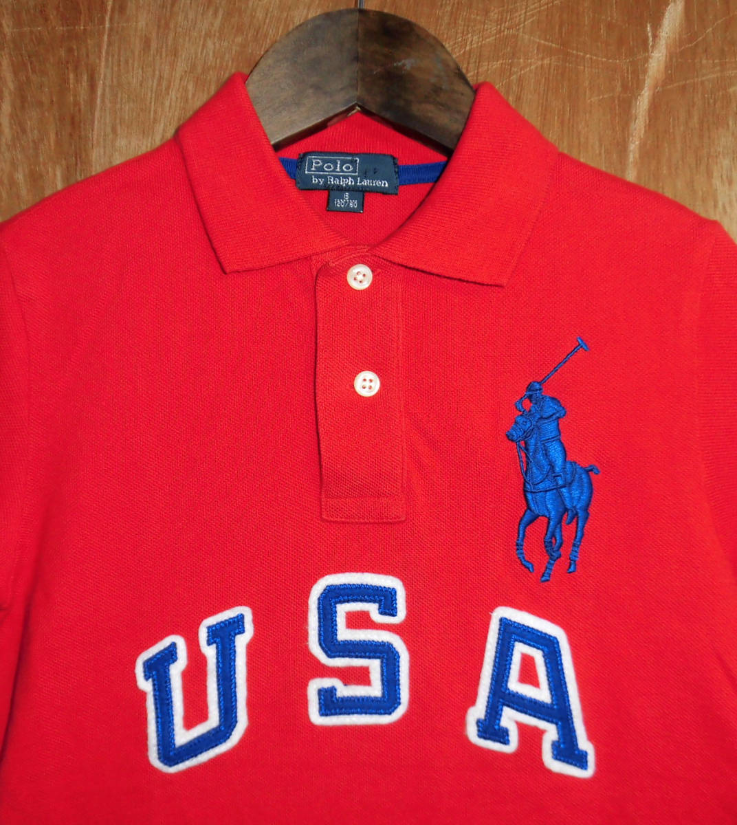 美品 POLO RALPH LAUREN ポロラルフローレン USAロゴ ビッグポーニー 鹿の子 ポロシャツ サイズ6 (120cm) 赤 KIDS 子供服