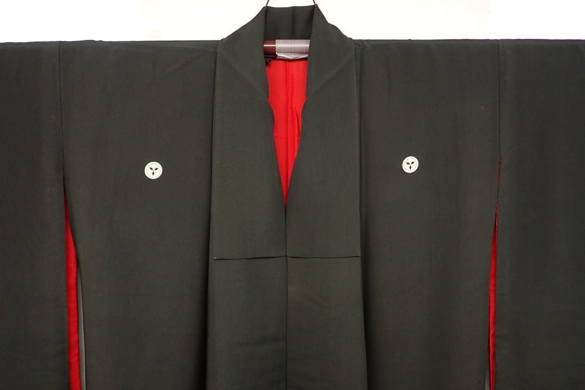 ●着物07 アンティーク 黒留袖 扇に鳳凰 正絹 身丈約155cm●着物/和装品/保管品/消費税0円_色褪せ等見られます