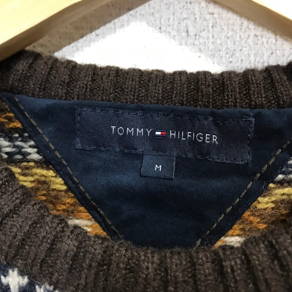 H5225dL TOMMY HILFIGER トミーヒルフィガー サイズM ニットセーター ノルディック柄 北欧 クルーネック ブラウン×ネイビー メンズ ウール_画像5