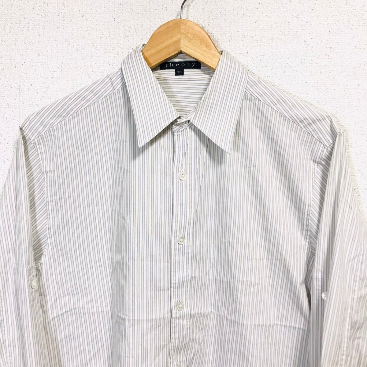 H5216dL 日本製 theory セオリー サイズ38 (M位) 長袖シャツ ストライプシャツ ホワイト×ネイビー×イエロー きれいめ Yシャツ メンズ_画像4