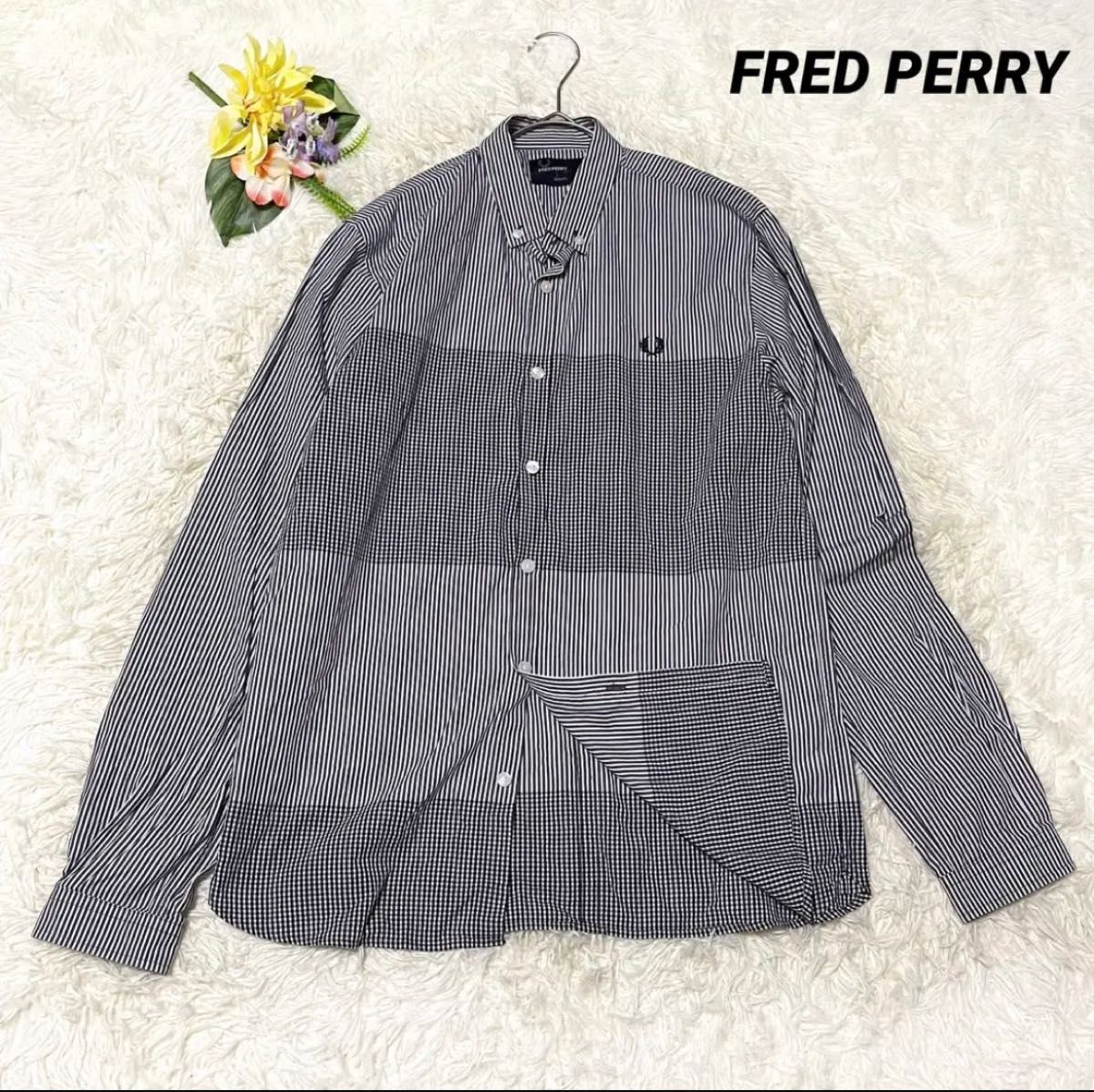 FRED PERRY  長袖　カットソー　シャツ　刺繍ロゴ　ギンガムチェック　M フレッドペリー 月桂樹　鹿の子