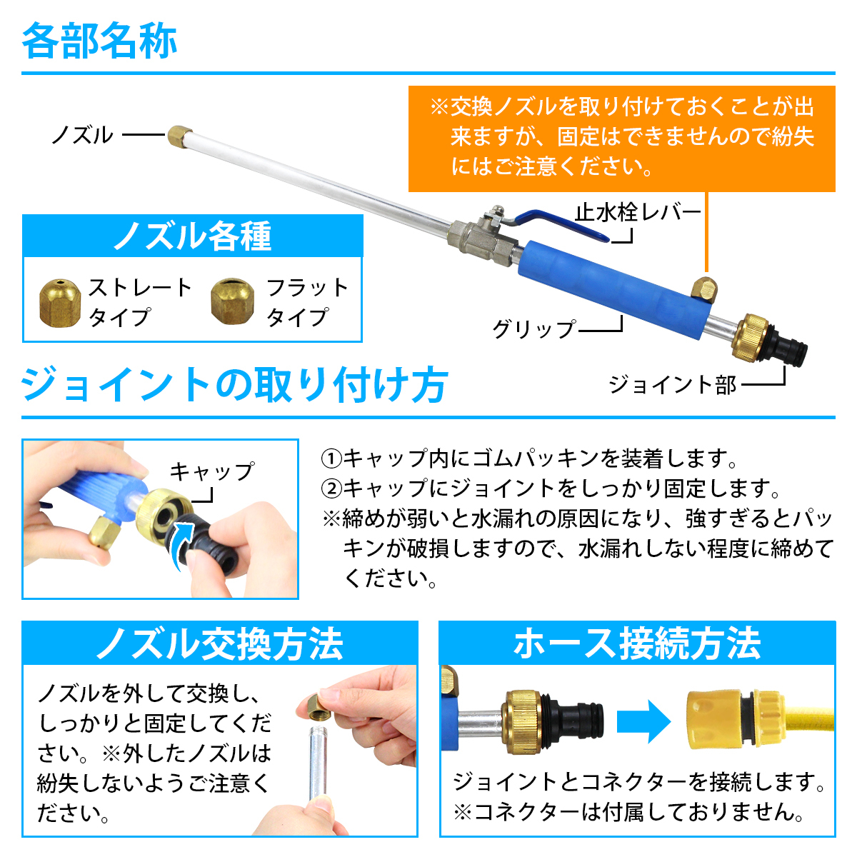 高水圧パワフルノズル パワーウォッシャー 高圧洗浄機 電源不要 ホース接続 ノズル2種付き お掃除 洗車 ウォーターガーデン 家庭用_画像4