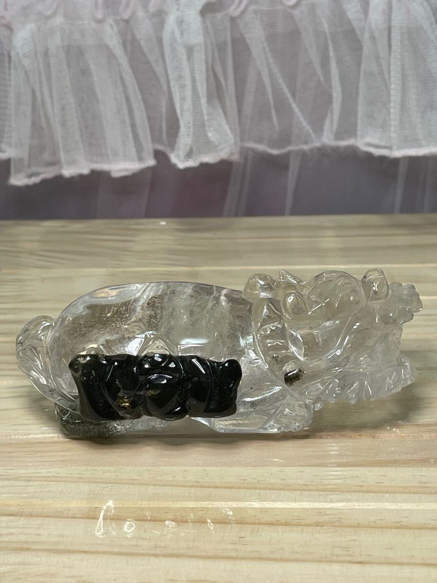 天然石 緑幽霊グリーンファントム水晶 龍亀手彫り置物 原石