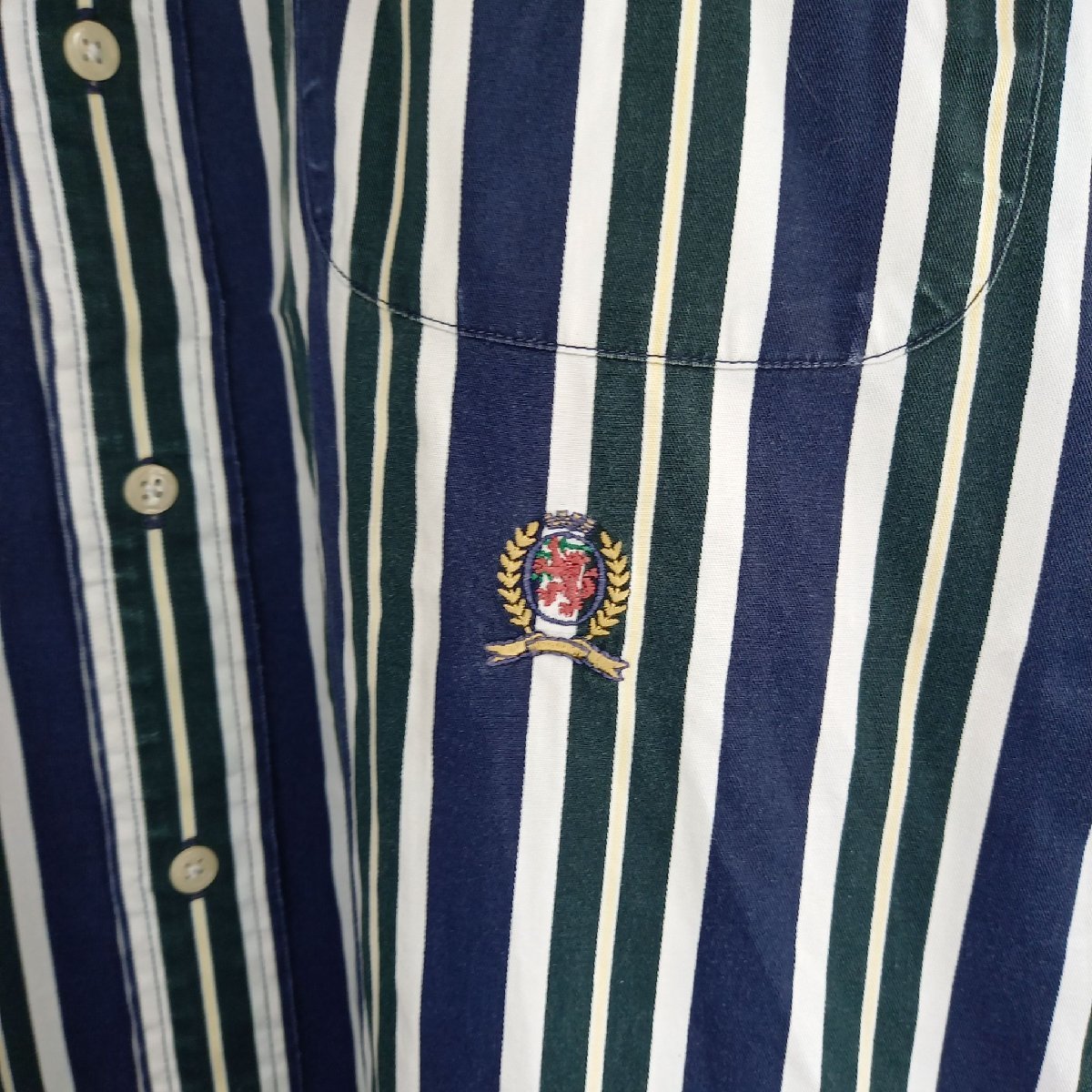トミーヒルフィガー　コットンBDシャツ　ストライプ　オーバーサイズ　刺繍ロゴ　ネイビー　XL_画像6