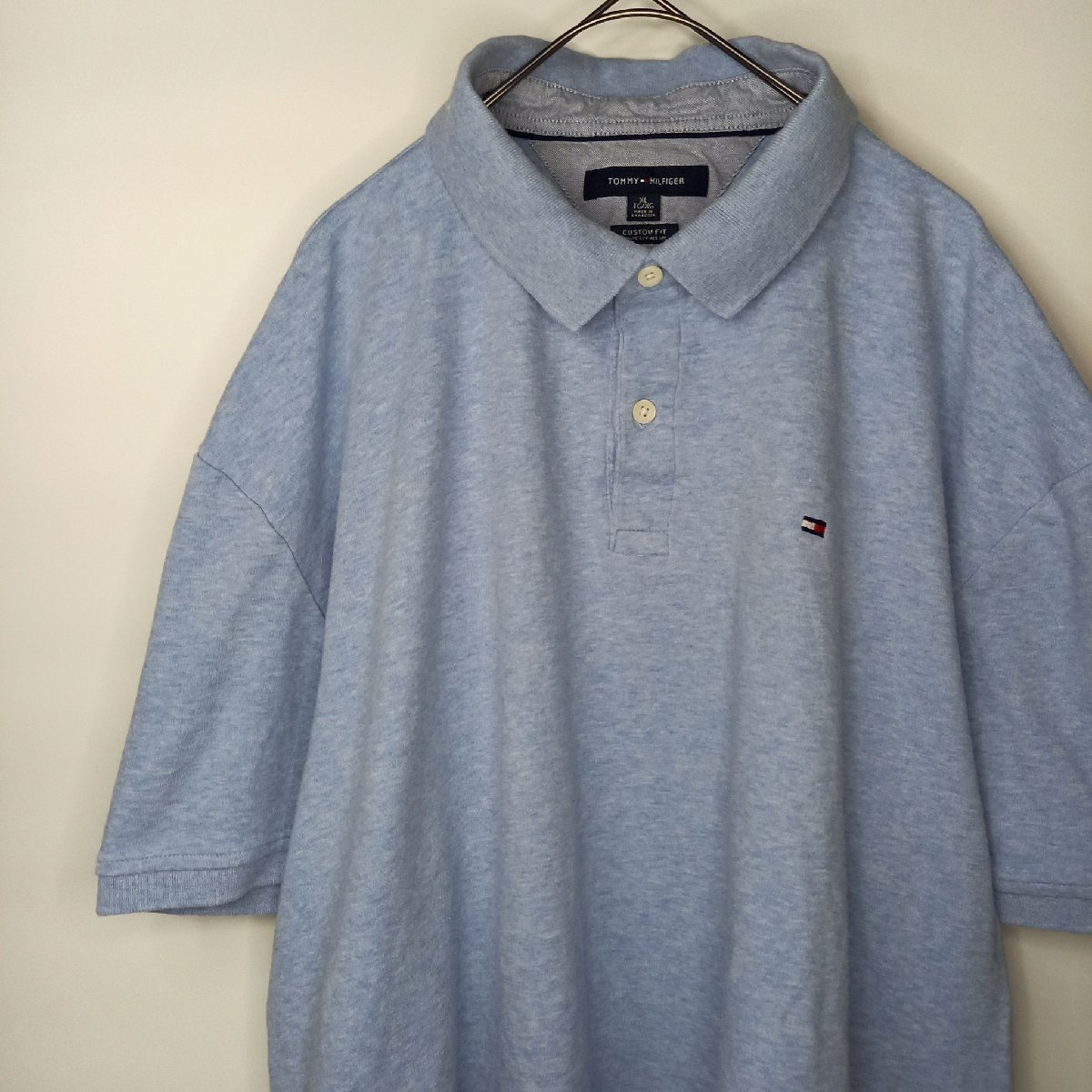 トミーヒルフィガー　ポロシャツ　半袖　オーバーサイズ　刺繍ロゴ　無地　ブルー　XL_画像2