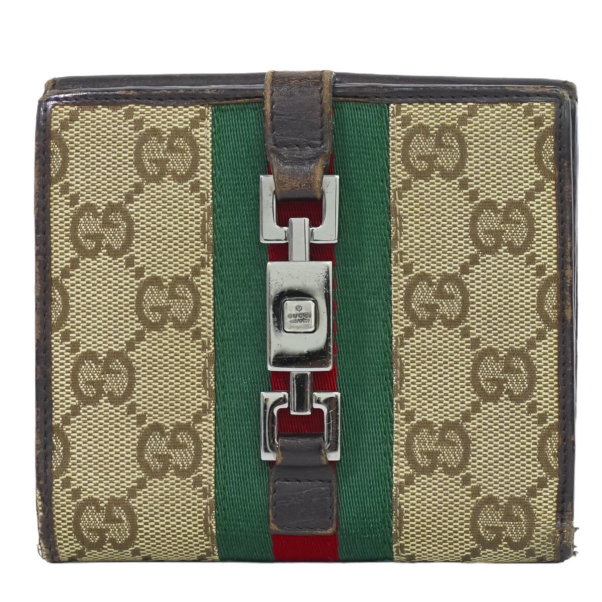 本物 グッチ GUCCI ジャッキー シェリーライン GGキャンバス レザー Wホック 折財布 コンパクトウォレット ベージュ ブラウン 05474