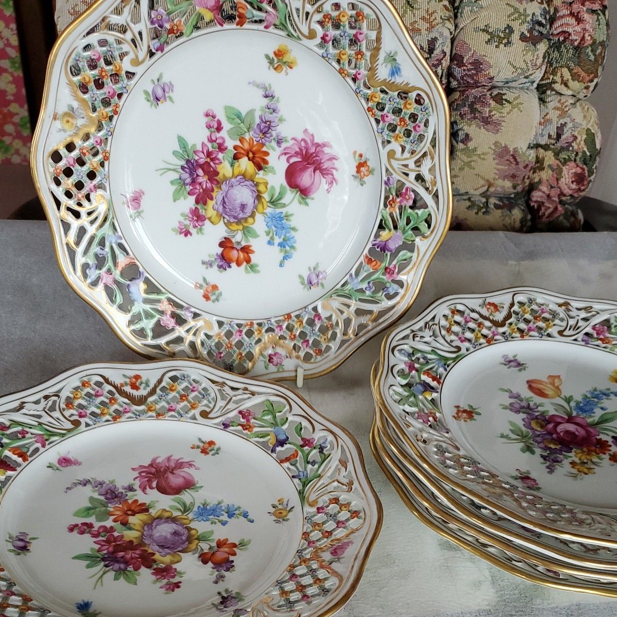アンティーク陶器ドレスデンレース皿 花絵 飾り皿 としても 6枚