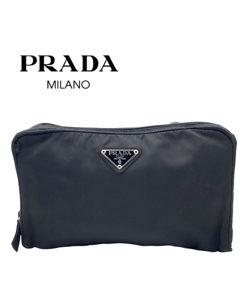 プラダ PRADA 化粧ポーチ 巾着袋 三角ロゴ ナイロン ブラック ミニポーチ-