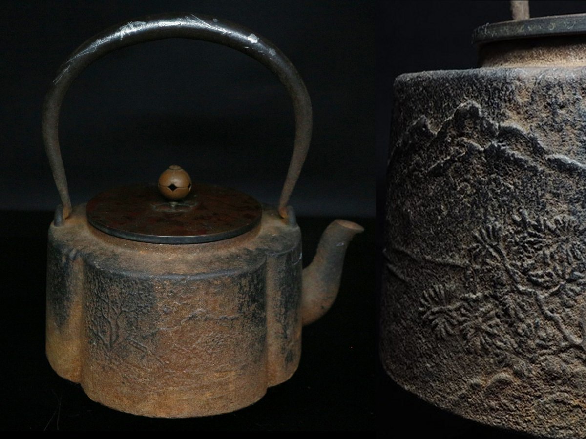 ◆煎茶道具・鉄瓶・銀象嵌・盛上彫・山水風景図・銅蓋・茶道具◆aa945