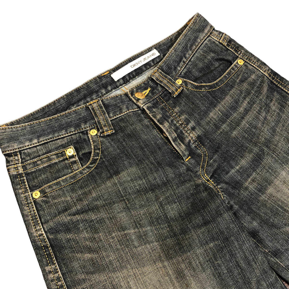 DKNY JEANS ダナキャランニューヨーク デニムパンツ ワイド フレア 28 黒系 ストレッチ ボタンフライ レディース A23_画像5