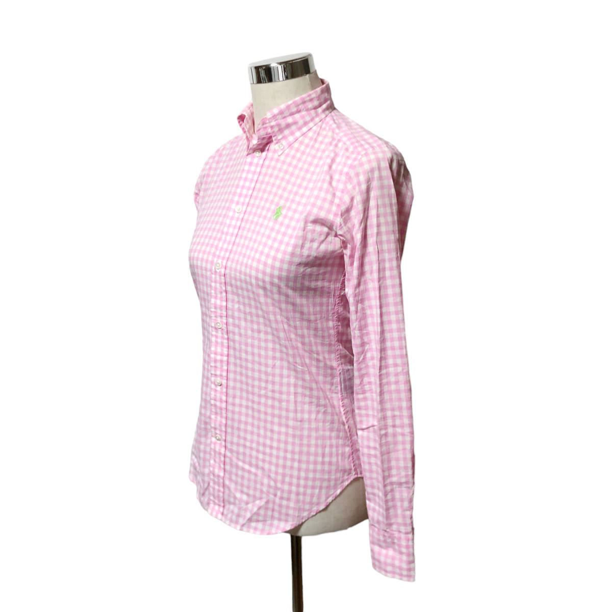 Ralph Lauren ラルフローレン ボタンダウンシャツ ギンガムチェック 長袖 4 白 ピンク ポニー刺繍 レディース A24_画像2