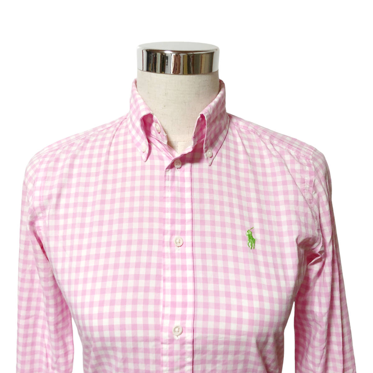 Ralph Lauren ラルフローレン ボタンダウンシャツ ギンガムチェック 長袖 4 白 ピンク ポニー刺繍 レディース A24_画像4