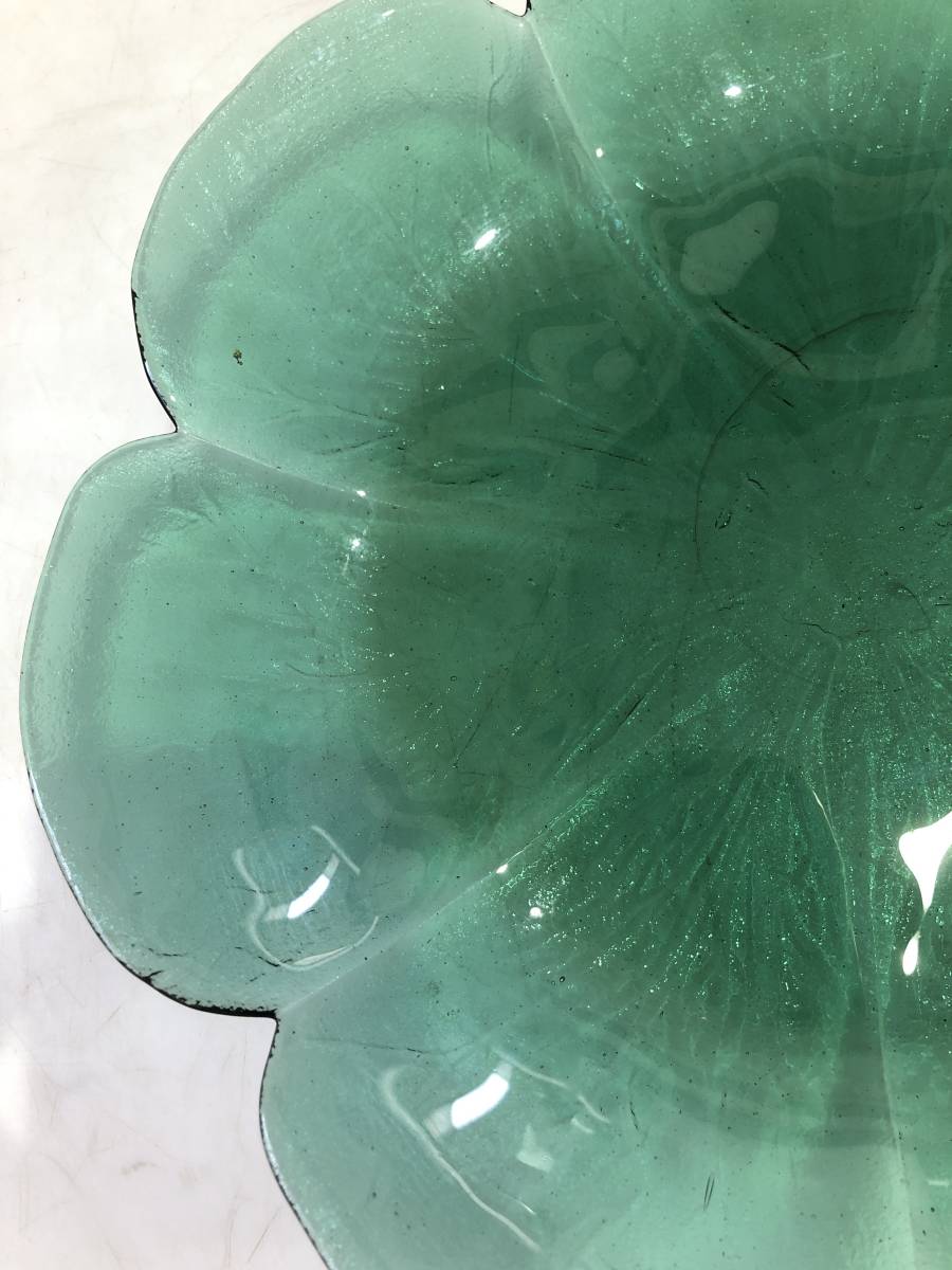 HB8383　 ガラス皿　盛り皿　グリーン　レトロ　花型_画像6