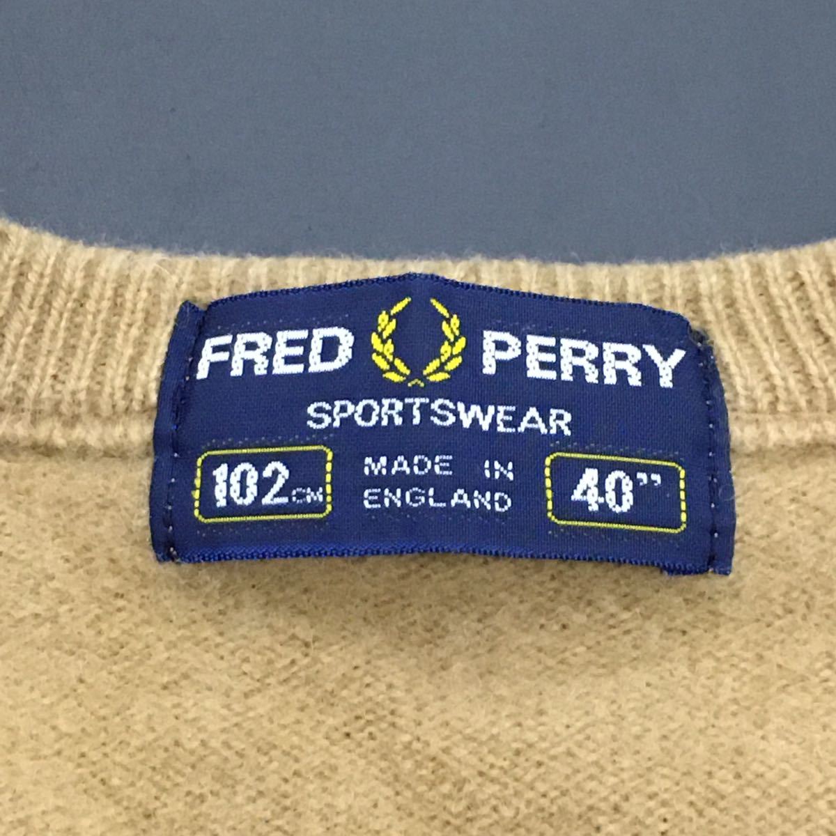 FRED PERRY フレッドペリー イングランド製 ニットセーター ピュアニューウール Vネック メンズ サイズ40 ブラウンベージュ ヒットユニオン_画像6