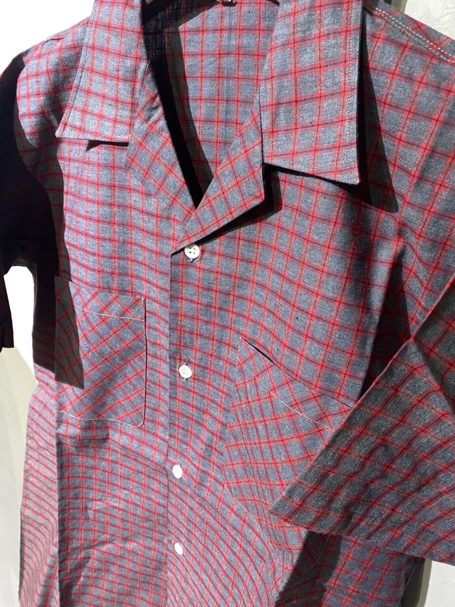 【即決】60-70s deadstock ユーロ オープンカラーシャツ 半袖 開襟 チェック柄 赤 レッド ヴィンテージ デッドストック 2_画像4