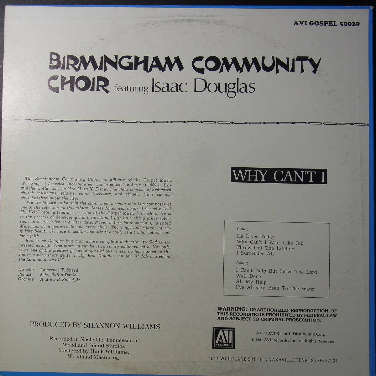 アナログ ●輸入盤～ Rev. Isaac Douglas with the Birmingham Community Choir Why Can't I レーベル:Avi Records AVI-50020_画像2
