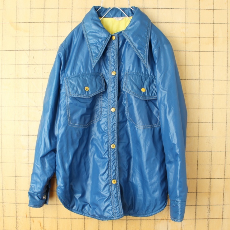 70s 80s USA 中綿 ナイロン シャツ ジャケット ネイビー ブルー レディースM メンズS相当 アメリカ古着_画像1