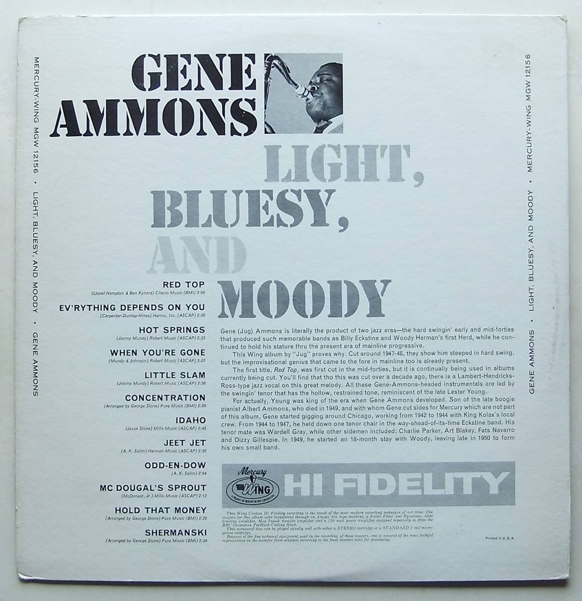 ◆ GENE AMMONS / Light, Bluesy, and Moody ◆ Mercury Wing MGW 12156 (blue:dg) ◆_画像2