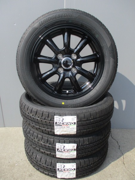 新品アルミホイール付!!■ブリヂストンNEWNO 155/65R14■4本セット■軽自動車N-BOXラパンムーヴキャンバスミラアルトウェイクワゴンRタント_画像1