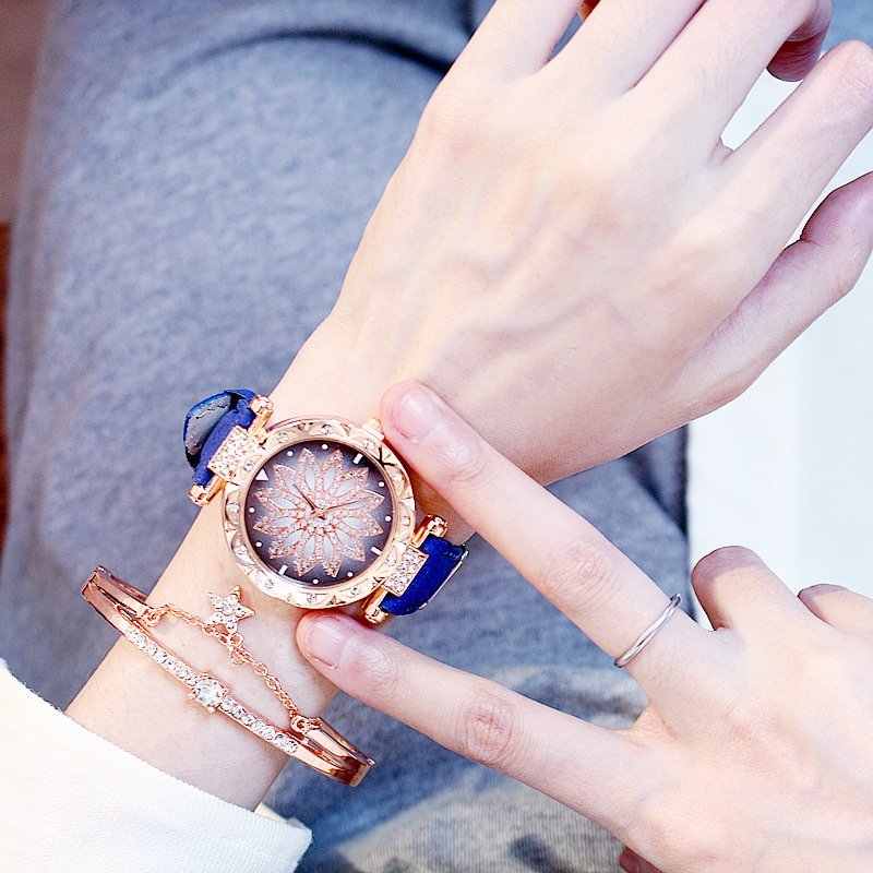 腕時計 アナログ レディース 高級感 クォーツ時計 ウォッチ キラキラ ファッション 9色 女性 フラワー W-Feminino-A【 3. ベージュ系 】_6. ブルー系