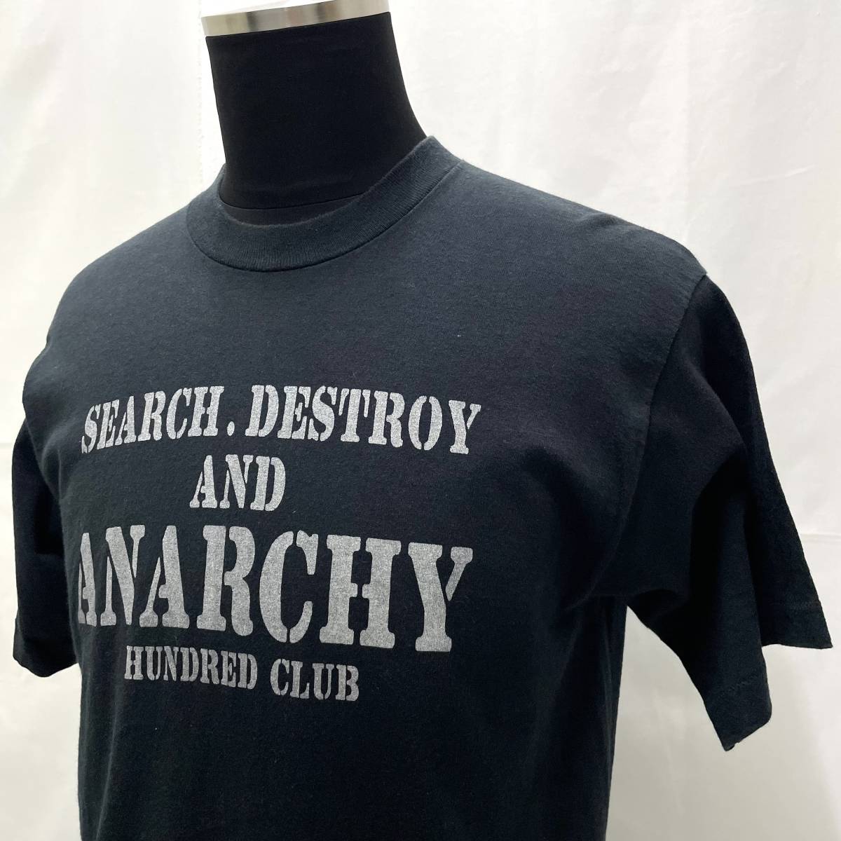 90s HUNDRED CLUB プリント Tシャツ Mサイズ SEARCH DESTROY AND ANARCHY ハンドレッドクラブ 黒 ステンシル パンク 90年代 ヴィンテージ