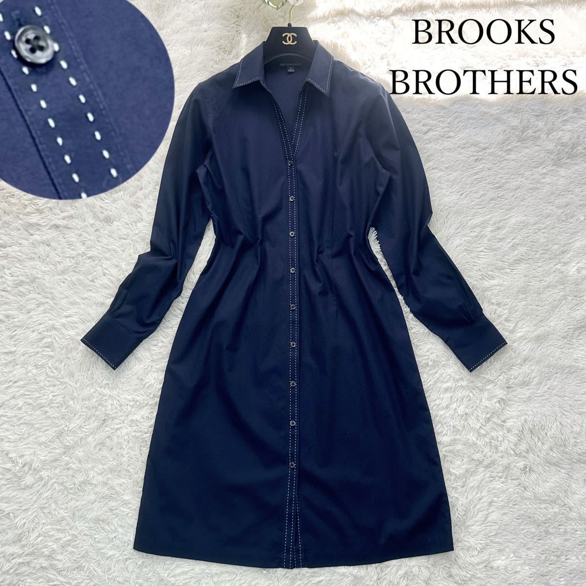 美品 BROOKS BROTHERS ブルックスブラザーズ シャツワンピース ステッチ Aライン ロングシャツ 紺 ネイビー サイズ 4 Lサイズ