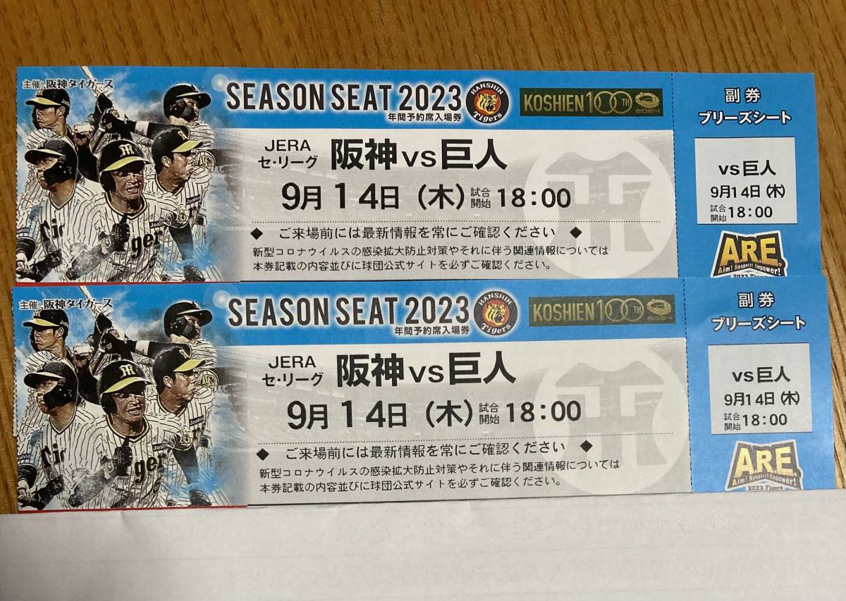 阪神VS巨人戦 9月14日 甲子園ペアチケット 2枚連番 JChere雅虎拍卖代购