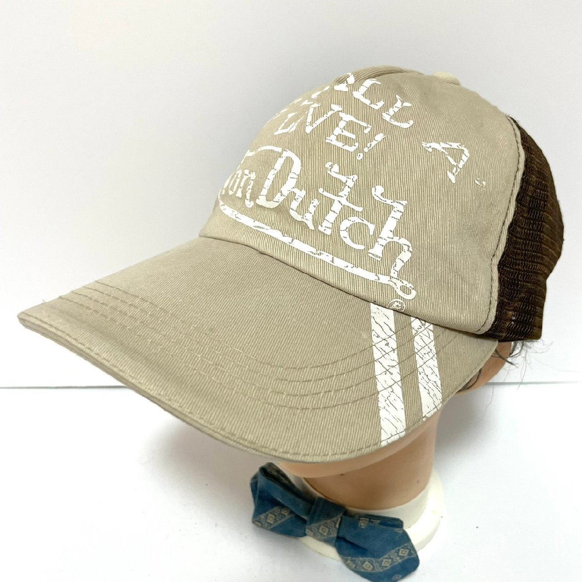 (^w^)b ボン ヴォン ダッチ ハーフ メッシュ キャップ 帽子 ベージュ×ブラウン Von Dutch ロゴ 刺繍 スナップバック 57㎝-59㎝ C0322EE_画像1