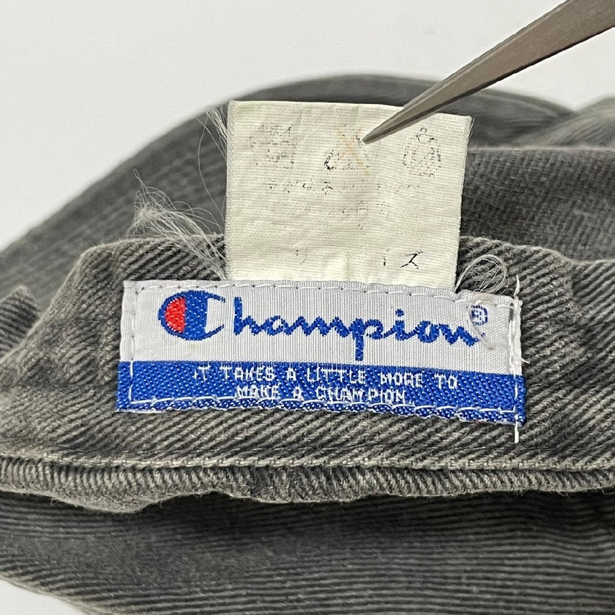 (^w^)b チャンピオン 80s 90s ヴィンテージ キャップ 帽子 スミクロ Champion ロゴ 刺繍 デニム ウォッシュ ゴム式 フリー C0380EE_画像8
