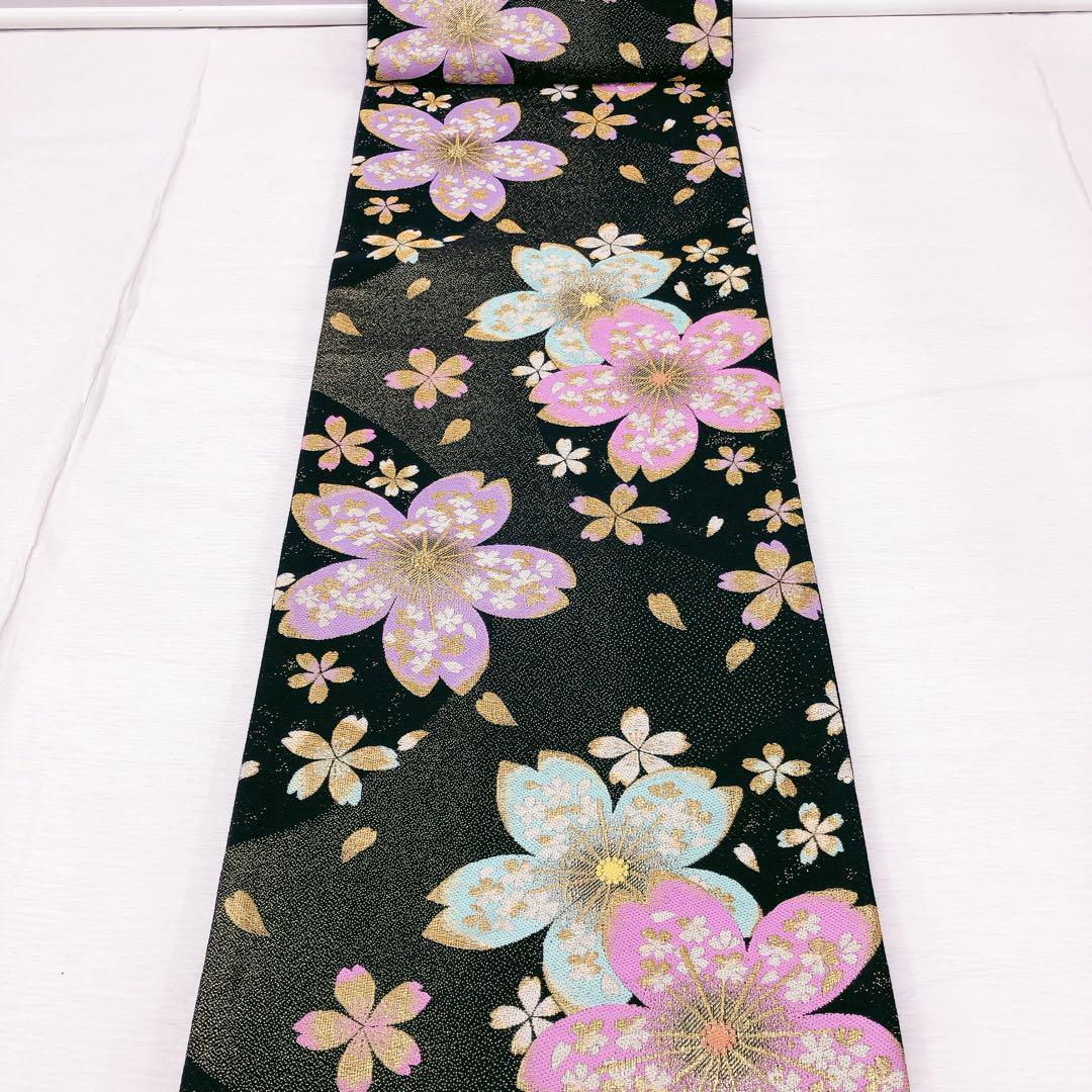 BY ◇58◇美品 振袖用袋帯 六通 桜 黒 金糸-