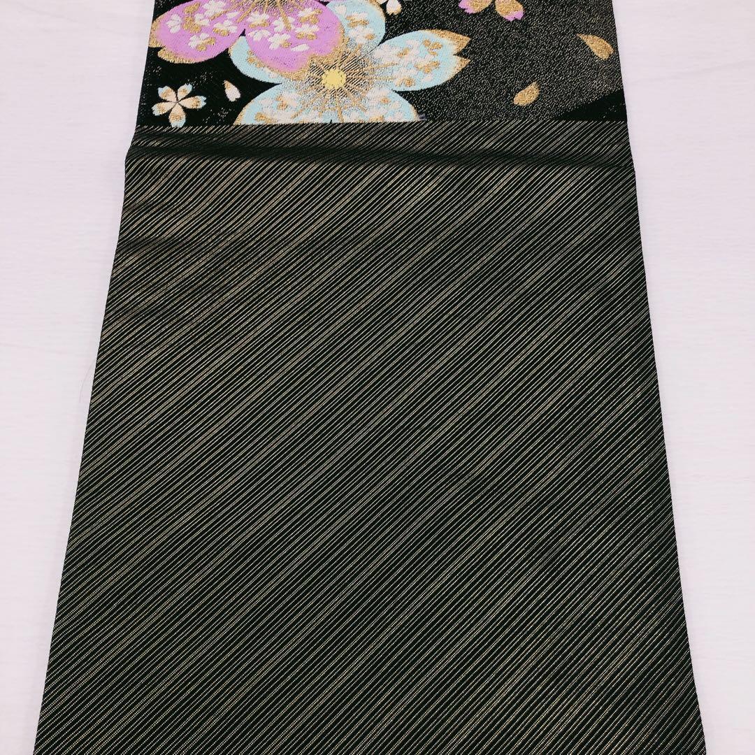 BY ◇58◇美品 振袖用袋帯 六通 桜 黒 金糸-