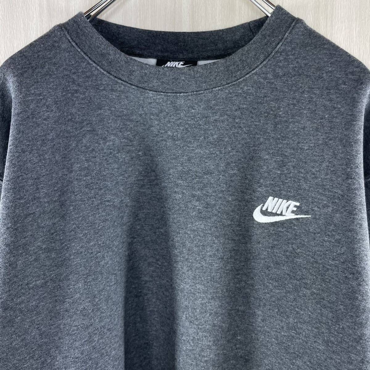 【定番】【良品】Nike ナイキ ワンポイント 刺繍スウッシュ 裏起毛 スウェット トレーナー 霜降り 濃いグレー 杢カラー 実寸XL相当 古着