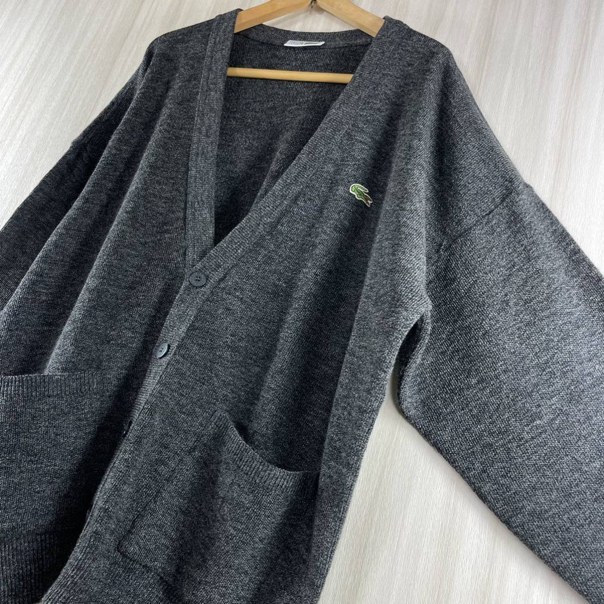 【入手困難】【フランス製】フレラコ フレンチラコステ ワニ ロゴボタン アクリル混ウール カーディガン サイズ6 霜降り XL ダークグレー