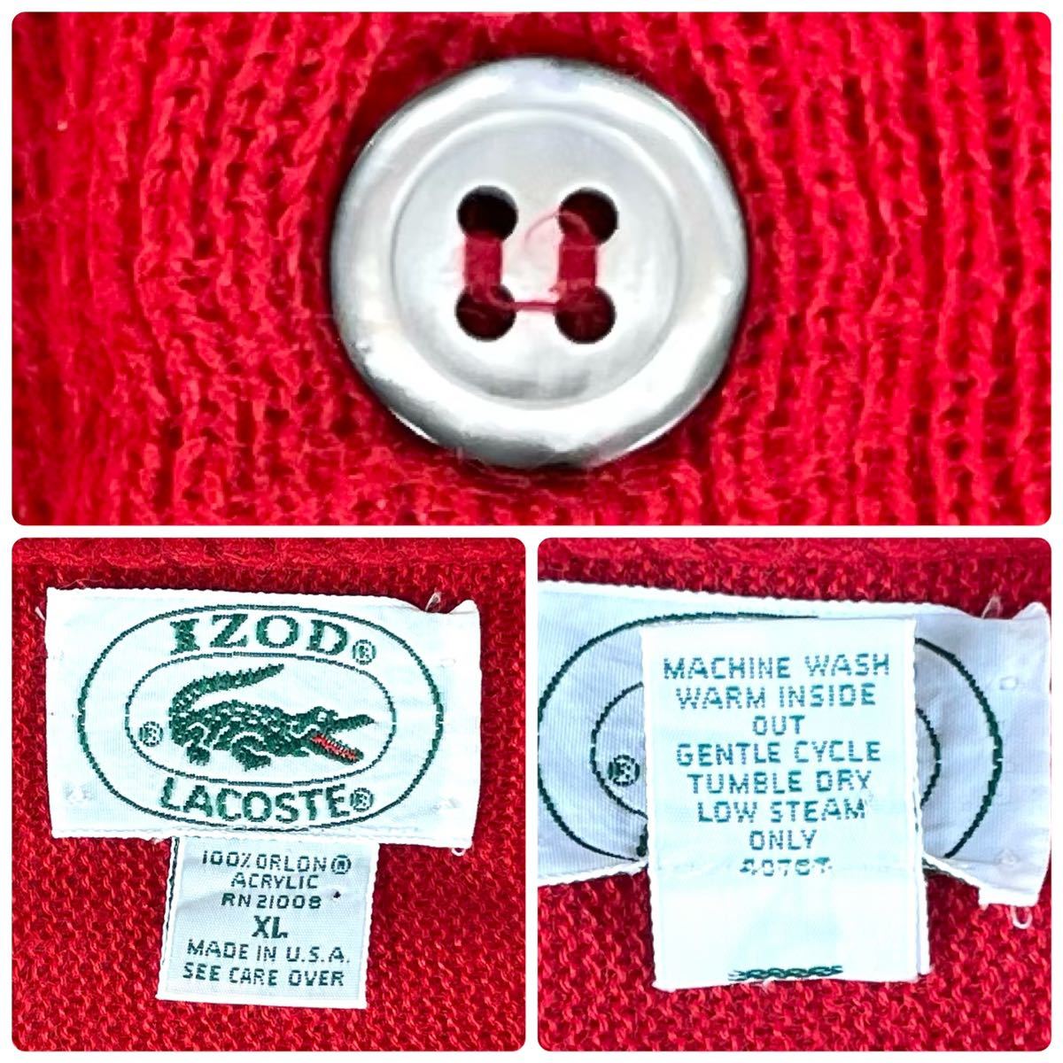 【USA製】【レアサイズ】IZOD LACOSTE アイゾッド ラコステ ワニ アクリルカーディガン ニット セーター XL表記 レッド【アメリカ製】古着_画像10