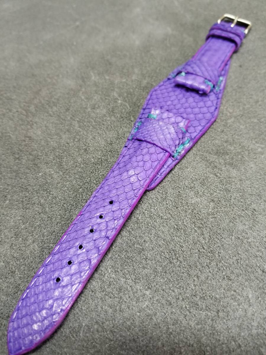 20mm 美しいブルーパープル　本物 パイソン時計ベルト 裏側防水カーフ　genuine python leather