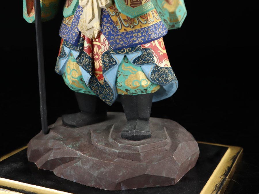 魁◇彫刻家 平野富山(敬吉)作 木彫 彩色 「毘沙門天像」高さ35㎝ 台座