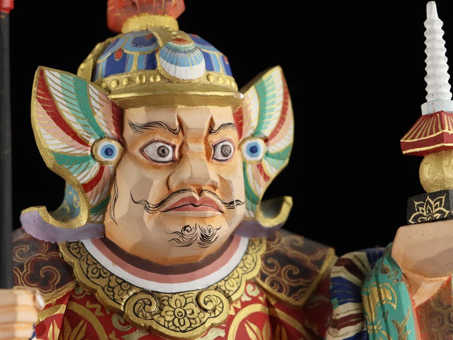 魁◇彫刻家 平野富山(敬吉)作 木彫 彩色 「毘沙門天像」高さ35㎝ 台座