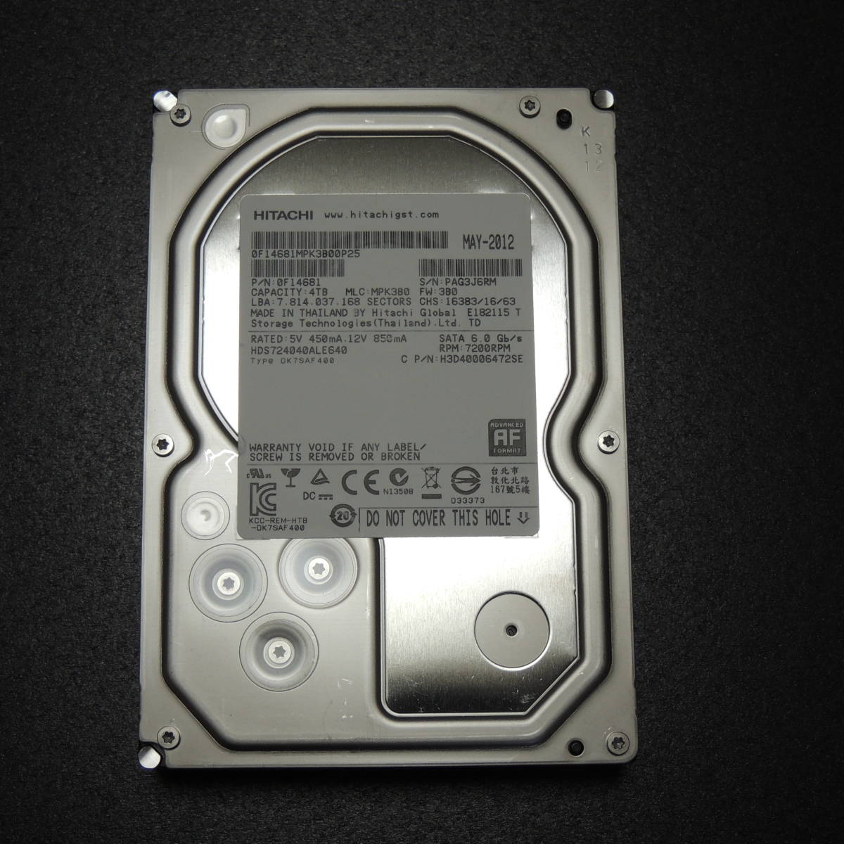 【検品済み/使用906時間】HITACHI 4TB HDD HDS724040ALE640 管理:キ-18_画像1