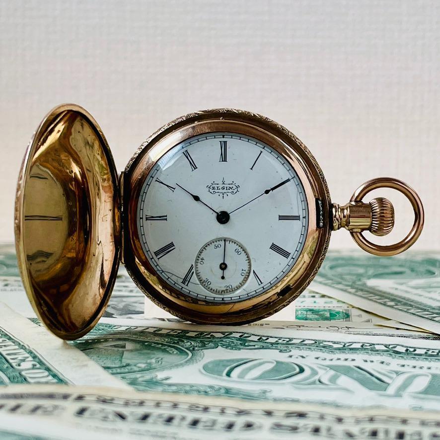 懐中時計【極美品】エルジンELGIN手巻きアンティーク1895年製ハンターケース13石ヴィンテージ中古ゴールドプレート動作良好U110